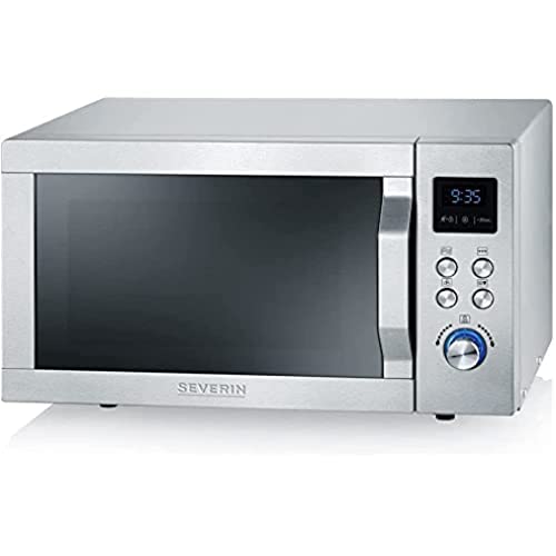SEVERIN Four Micro-ondes, Gril, Chaleur tournante 1 950W, 25L, 10 niveaux de puissance, Plaque à pizza (Ø 28cm), Inox, MW 7753, Argent