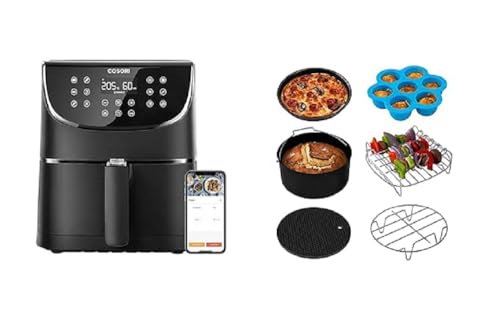 COSORI Friteuse à air Wi-Fi, Friteuse sans huile, Air Fryer avec 11 programmes & Accessoires de Friteuse sans Huile 5,5 Litre, Plateau à Pizza/Corbeille à Pain/Support en Métal/Moule à Cake