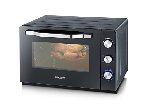 SEVERIN Four posable XXL à Chaleur Tournante 60 L avec pierre à pizza et tournebroche 2 200 W design simple et élégant, Four électrique avec minuteur 120 min, Noir/Inox, TO 2073