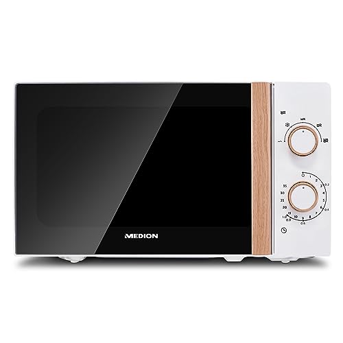 MEDION Micro-ondes (aspect bois, 20 litres, 700 watts, porte miroir, 5 niveaux de puissance, fonction décongélation, minuterie, MD10596) blanc