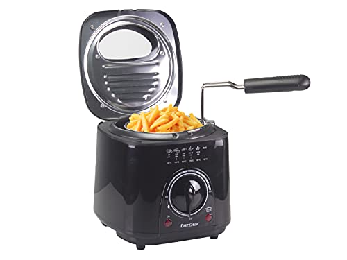 Beper P101FRI100 friteuse électrique 1 L, 850-950 W, panier en acier amovible, couvercle avec hublot, filtre amovible lavable, température réglable, pieds antidérapants, noir