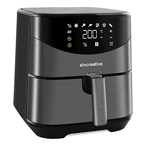 Sincreative Friteuse Sans Huile pour Griller, Cuire et Rôtir - Format Familial avec Écran Tactile Numérique - Panier Antiadhésif et Livre de Recettes - Friteuse Air Chaud 5.5L Noir - Acier Inoxydable