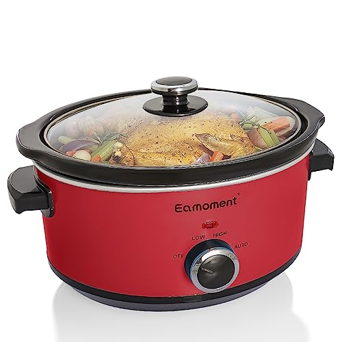 Eamoment ESC-35A-OSRD 3,5 l|200 W Slow Cooker avec 3 niveaux de chauffage et indicateur de puissance, passe au lave-vaisselle et avec poignées de transport, couvercle en verre facile à nettoyer, rouge