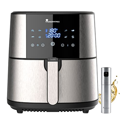 MasterPro Foodies | Kit Friteuse sans Huile XXL 6L Puissance 1800W | Avec Spray à huile | Avec Écran LED Tactile et Panier Antiadhésif | Friteuse à air | 8 Fonctions en 1
