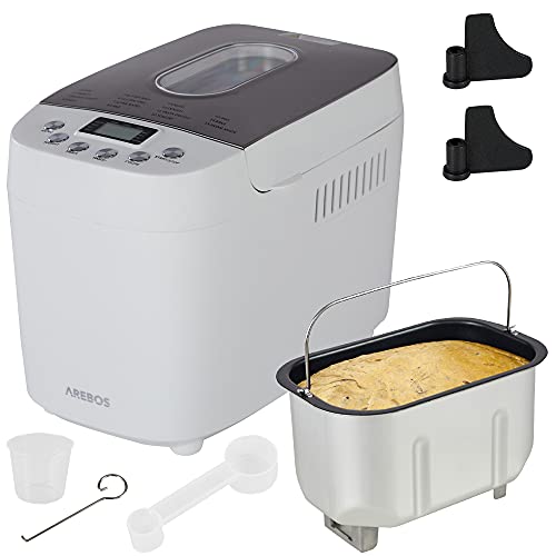 Arebos Machine à pain 1500 g | avec 15 programmes | 2 crochets de pétrissage | Minuteur | Écran LCD | 3 niveaux de brunissage et tailles de pain | 850 W | Blanc