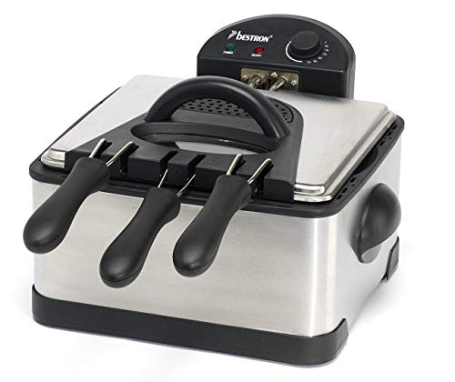 Bestron Friteuse familiale avec zone froide, 3 paniers, 4 litres, Capacité de 1,5 kg/2x750 g de friture, Fenêtre de visualisation, 2000 W, Acier inoxydable