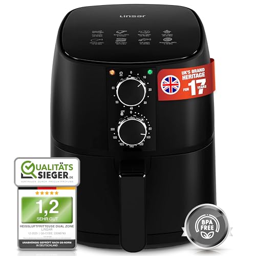 Linsar - Friteuse à air chaud 4L - Airfryer avec minuterie et fonction maintien au chaud - Température au choix - Plus économe en énergie et plus rapide que les fours - 1400 W (noir)