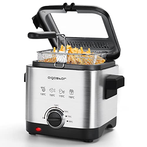 Aigostar Fries 3000041ZD - Friteuse compacte 100% sans BPA avec grande fenetre de vue et controle de la temperature. Acier inoxydable de type 304. 900W, capacite de 1,5L. Design exclusif