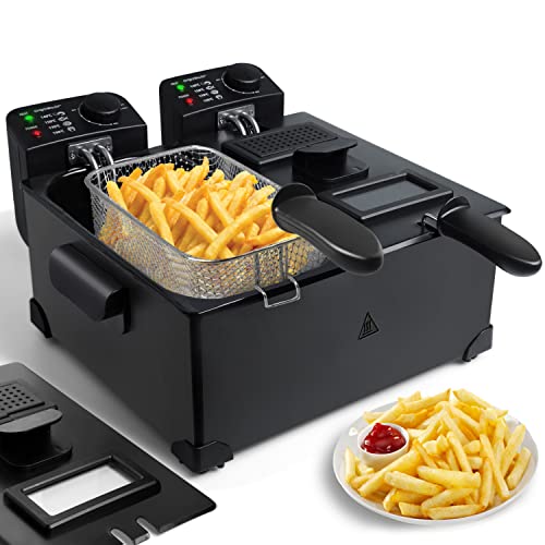 Aigostar Feast - Friteuse à double cuve indépendantes 0% BPA. 3600W, capacité totale 6L : 2 x 3L. 2 thermostats, 2 couvercles avec filtres et fenêtres et 2 paniers. Entièrement démontable.