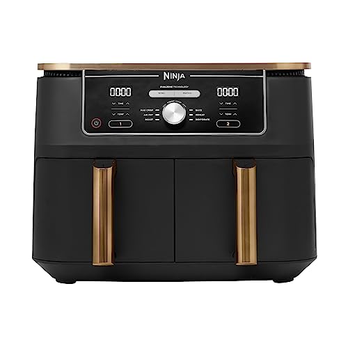 Ninja Foodi MAX Dual Zone Air Fryer, 2 Tiroirs, 9,5L, 6-en-1, Sans Huile, Air Fry, Max Crisp, Rôtir, Cuire, Paniers Antiadhésifs Lavables Au Lave-Vaisselle, Cuivre/Noir Exclusivité Amazon AF400EUCP