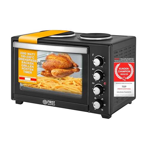 TZS First Austria Mini Four Electrique 30L, 3200W, Four Posable à Convection avec Minuteur 0-60 min, Grille et Plaque de Four avec plaques de cuisson, Double Vitrage, Rôtissoire, 100-230°C, Noir