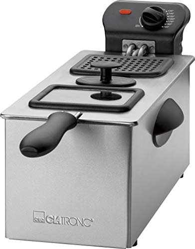 Clatronic Friteuse en acier inoxydable FR 3587, capacité 3 litres, 2000 watts, thermostat réglable en continu, poignées de transport isolées thermiquement, nettoyage facile, inox/noir