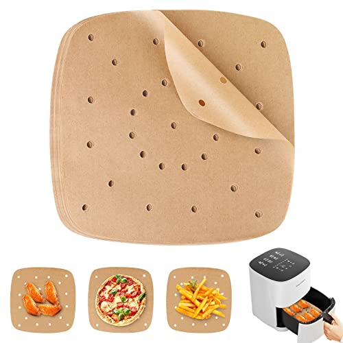 100 Papier Sulfurisé Air Fryer，Perforé Papier Cuisson Air Fryer，Jetable Antiadhésive Sans Huile Papier Parchemin Accessoires pour Friteuse Cuiseur à Vapeur Four Air Fryer
