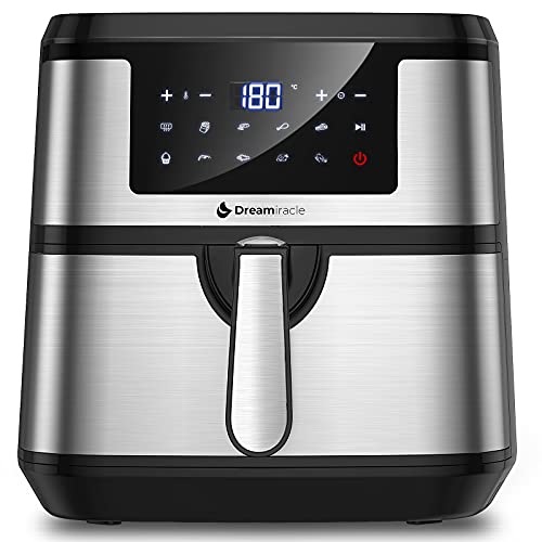 Dreamiracle Friteuse sans Huile 7,5L XXXL, Friteuse à Air Chaud avec 10 Programmes, Air Fryer avec Une Touche Écran Tactile LED, Fonction de Préchauffage, Minuterie, Recettes PDF, 1700W