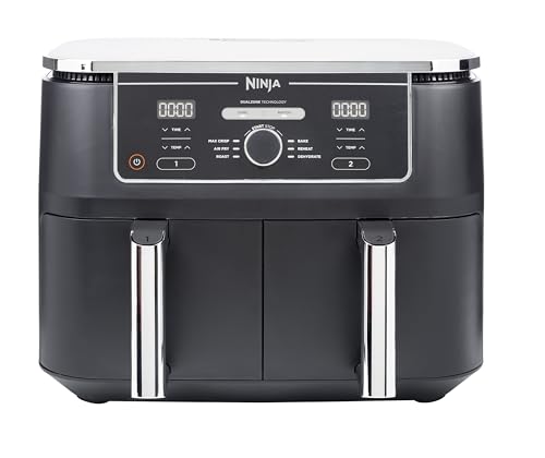 Ninja Foodi MAX Dual Zone Air Fryer, 2 Tiroirs, 9,5L, 6-en-1, Sans Huile, Air Fry, Croustillant Max, Rôtir, Cuire, Déshydrater, 8 Portions, Paniers Antiadhésifs Vont Au Lave-Vaisselle, Noir AF400EU