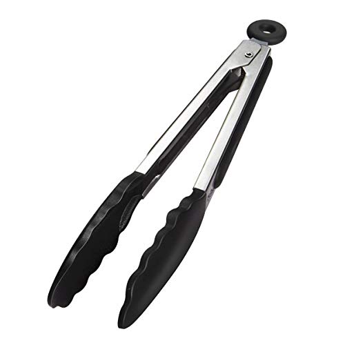 iNeibo Pince Cuisine Professionnel, Pince Barbecue en Acier Inoxydable et Silicone Alimentaire, Pince de Cuisine Résistant à la Chaleur- 23 cm Noir