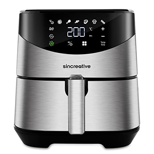 Sincreative Friteuse Sans Huile pour Griller, Cuire et Rôtir Format Familial avec Écran Tactile Numérique Panier Antiadhésif et Livre de Recettes - Friteuse Air Chaud 5.5L Noir - Acier Inoxydable
