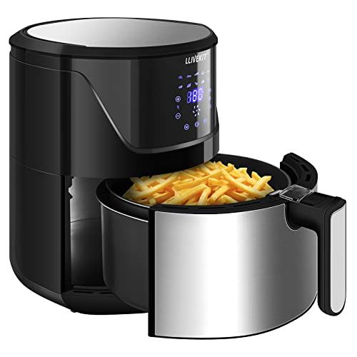 LLIVEKIT Friteuse sans Huile 5L, 1400W Air Fryer, Friteuse à Air Chaud avec Écran Tactile LED, 10 Réglages de Cuisson Préprogrammés, Thermostat Réglable et Contrôle du Temps, Noir+argent