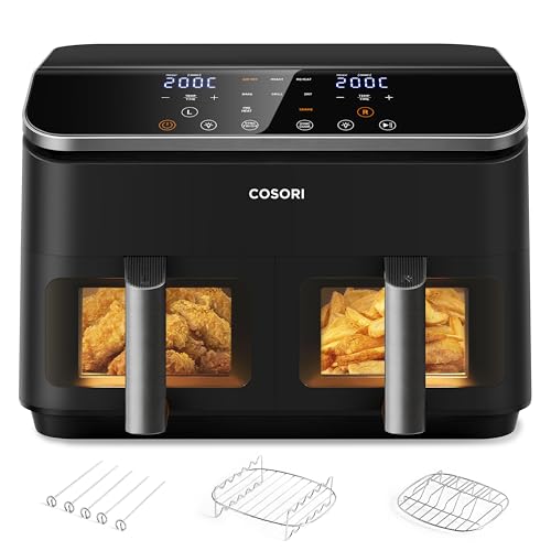COSORI Air Fryer 10-en-1, 8,5L 2 Tiroirs, 35℃-230℃ SyncFinish & SyncCook, Fenêtre visuelle, 85% moins d'huile, Accessoires inclus, Recettes en ligne