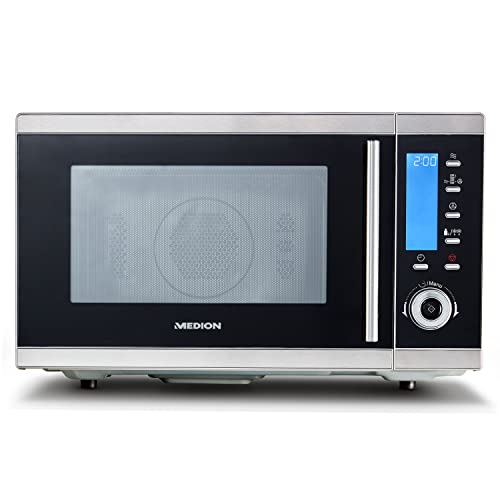 MEDION Micro-onde 4en1 avec gril et air chaud combiné (25L, 900 W, 1100 W gril, 2500 W air chaud, 10 programmes automatiques, 10 niveaux de puissance, mode décongeler, MD15501) noir/argent