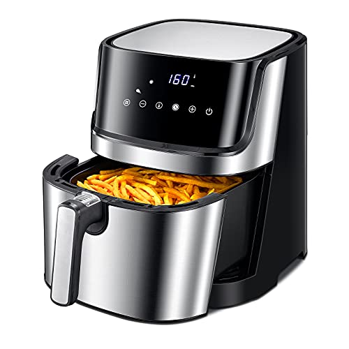 RUIYUXIN 5,5L XXL Friteuse Sans Huile 8-en-1, Air fryer en Acier Inoxydable, Écran LCD Numérique, Livres de Recettes, Friteuse Électrique sans huile 1700W, minuterie/contrôle de température réglable