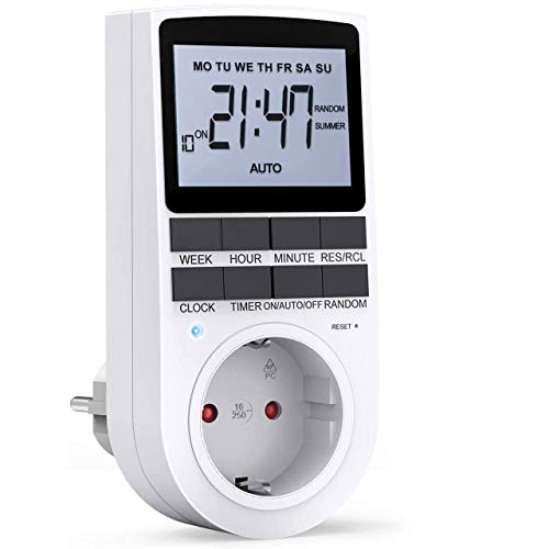 RATEL Prise de minuterie électronique numérique, 10 interrupteurs programmables avec outil de réinitialisation, écran LCD et mode aléatoire anti-agrafe pour l'éclairage, ventilateur, etc.