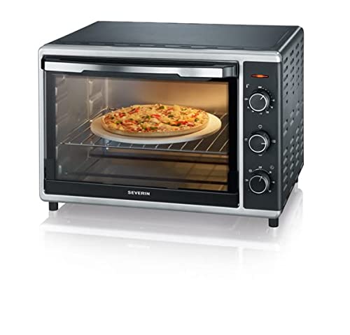 SEVERIN Mini-Four à chaleur tournante 42 L avec pierre à pizza et tournebroche, Four posable 1 800 W design élégant, Mini-four électrique avec minuteur 120 min, Noir/Inox, TO 2058