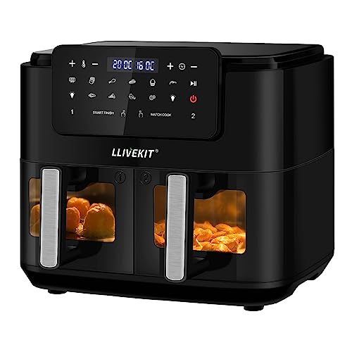 LLIVEKIT Friteuse sans Huile à Double Tiroir, Air Fryer 9L, Panneau Tactile LED, 9 Menus Prédéfinis, Paniers et Grilles Anti-Adhésifs, Fonctions Match Cook & Smart Finish, 2400W, Noir