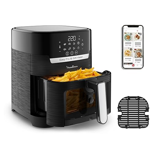 Moulinex Friteuse sans huile + Gril, Fenêtre amovible, Capacité 4,2 L, Jusqu'à 6 personnes, Écran tactile, 8 programmes automatiques, Air Fryer, Easy Fry&Grill Vision EZ506820