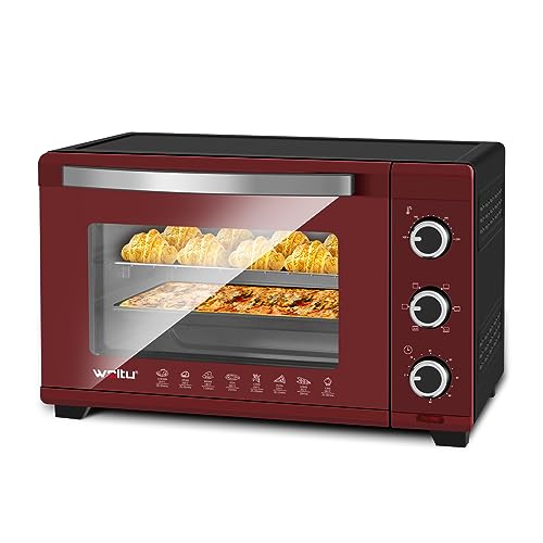 WOLTU Four Électrique de 32L, Mini Four, Four de Table, Four Posable, Minuterie 60 min, Température 100-230℃, 1600W, Porte à Double Vitrage, Rouge+Noir