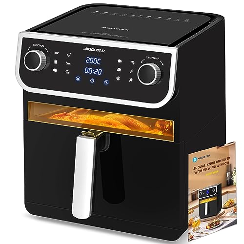 Aigostar - Friteuse à air XXL 8L, Friteuse sans huile avec fenêtre d'affichage, 1700 W, 12 fonctions prédéfinies + manuel, écran tactile LED, double utilisation : avec panier ou tiroir