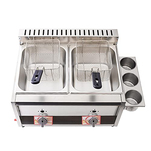 Friteuse à gaz à double cylindre 20L, friteuse à gaz professionnelle en acier inoxydable commerciale avec cuillère à panier pour la machine à frire de cuisine familiale de comptoir de restaurant
