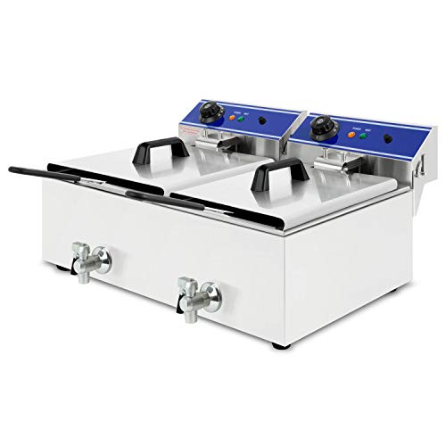 vertes Friteuse Electrique Professionnelle 2x 10L (6000W, 230V, Zone Froide, Température 50-200°C, Robinet de Vidange, 2 Panier à Friture, Fonction Reset, Acier Inoxydable, Fonctionnement à l'Huile)