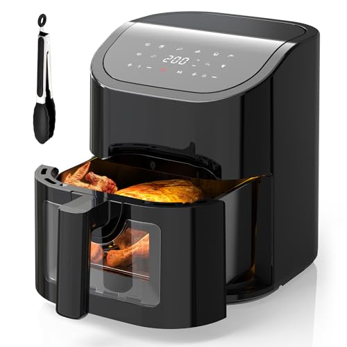 EUARY Friteuse sans Huile 4,5L Avec Fenêtre Visible,Air Fryer 1400W,Friteuse à Air Chaud avec 8 Programmes,Panneau tactile LED. Utilisation dans panier ou tiroir. Livre de recettes inclus.