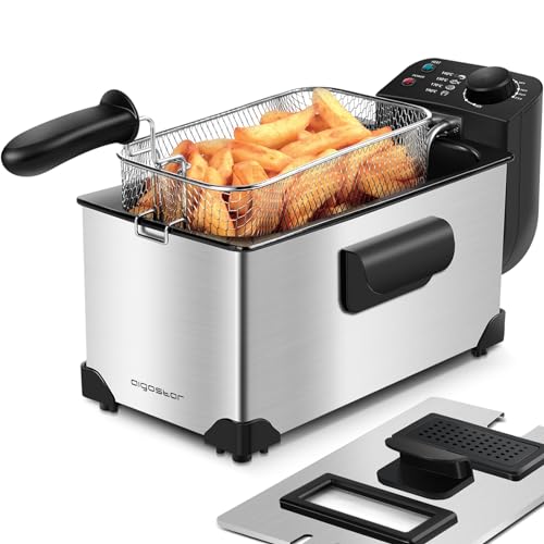 Aigostar Ushas 30HEZ - Friteuse en acier inoxydable de type 304. 2200W, capacite de 3L. Cuve amovible pour vider l'huile. 100% sans BPA avec grande fenetre de vue. Design exclusif.