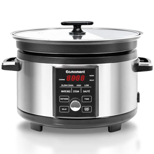 Eamoment Mijoteuse programmable 5L avec minuterie, multicuiseur électrique 4 en 1, cuisson lente haute/cuisson lente basse/riz blanc/moelleux/sauce/alarme/retard, et autres fonctions pratiques.