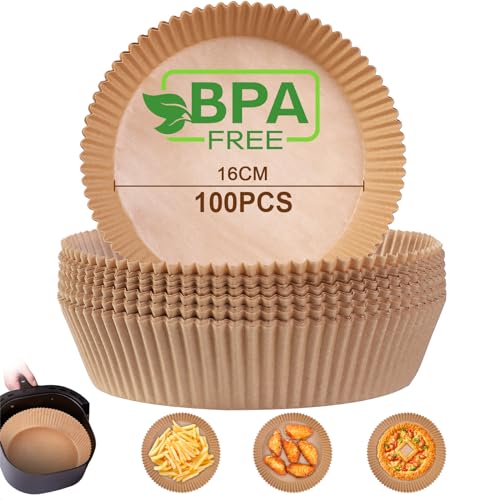 AiQInu Papier Sulfurisé Rond pour Air Fryer, 100 Pièces 16 cm Cuisson Paper Liner, Food-Grade BPA gratuit, Papier Parchemin Accessoires pour Friteuse Sans Huile 3-4.5L