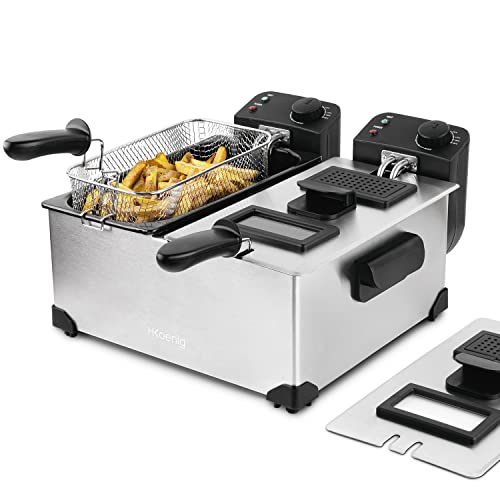 H.Koenig Friteuse Acier inoxydable double bac DFX600, 2 thermostats indépendants 3L chaque, Paniers amovibles compatibles lave vaisselle, Filtre anti-odeur, Protection contre surchauffe