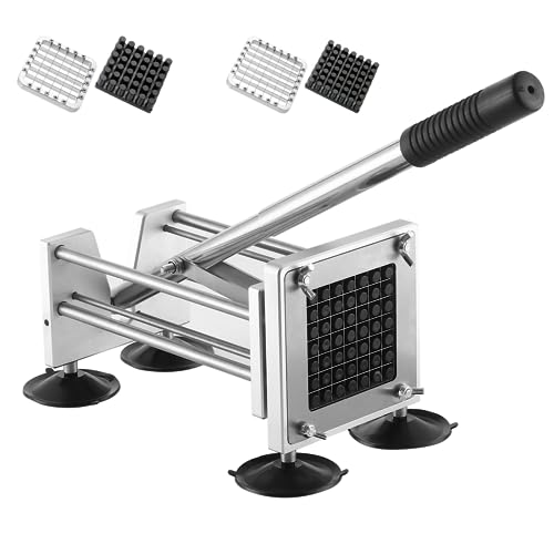 Coupe-frites, coupe-patates en acier inoxydable avec 4 pieds ventouses et poignée amovible, comprend des lames de 1/2 pouce, 3/8 pouce pour pommes de terre, concombres, oignons, friteuse à air pulsé