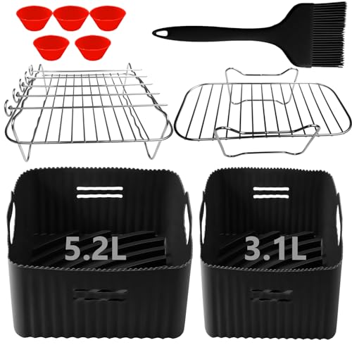 moleath Dual Air Fryer Accessoires pour Moulinex EZ9018 5,2/3,1 L, Cecotec Cecofry DuoSize 9 L 5,5/3,5 L, Deux tailles Dual Tiroirs, 6PCS avec moule en silicone pour friteuse à air, Air Fryer Racks