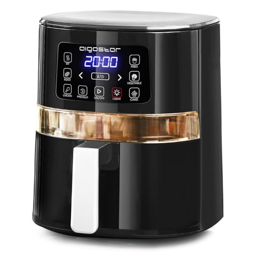 Aigostar Maha - Friteuse à air 0% BPA de 4L. 5 fonctions préprogrammées + préchauffage, 1600W, fenêtre de visualisation, éclairage intérieur indépendant. Panneau tactile LED, mode manuel.