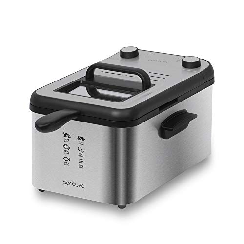Cecotec Friteuse Électrique CleanFry 3000 Full Inox. 3L, Jusqu’à 190 ºC, Minuterie 30min, Cuve Émaillée qui convient au Lave-vaisselle, Filtre OilCleaner, 2400W.
