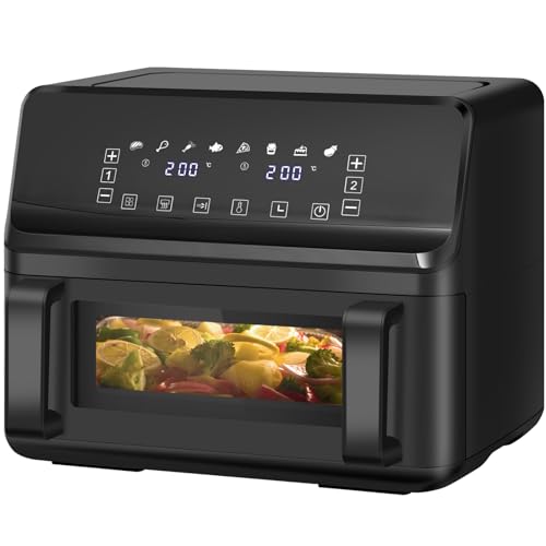 LLIVEKIT Friteuse sans Huile 9 L, Air Fryer Double Compartiment, 2x4,5 L, Friteuse Air Chaud Électrique, avec Cloison Amovible, 8 Programmes, Écran Tactile, 80-200°C, 1-60 min, 2500 W, Noir