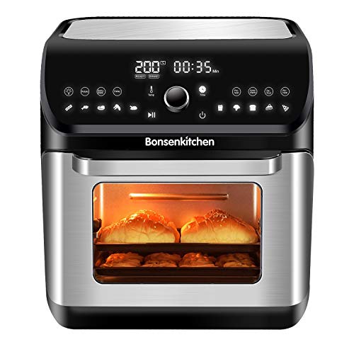 Bonsenkitchen Friteuse sans Huile 10 L, Friteuse à air chaud 10 en 1, 1500 W Mini-four avec écran tactile à LED, Déshydrateur, 6 Accessoires et Livre de Recettes- Acier Inoxydable