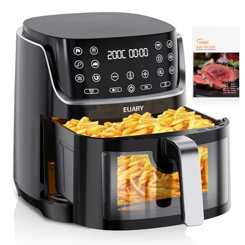 EUARY Friteuse sans Huile 8L Avec Fenêtre Visible Air Fryer 1700W Panneau tactile LED Friteuse à Air Chaud avec 12 Programmes Utilisation dans panier ou tiroir. Livre de recettes inclus