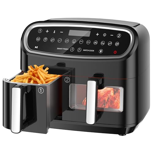 Friteuse Sans Huile Double, Air Fryer Tour, Capacité XXL de 10 Litres, 12 Programmes Préétablis, Fonction Minuterie, Friteuse à Air Chaud de 2800W, Double Tiroir pour Cuire un Poulet Entier