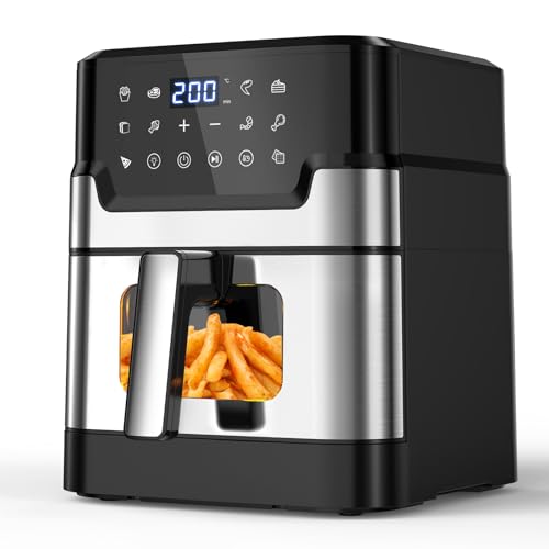 BALITTA Air Fryer 6L, Friteuse sans Huile XXL avec Cavité en Métal, Friteuse à Air Chaud Airfryer avec Fenêtre Visible, 10 Fonctions, Écran Tactile Digital LED, Panier Antiadhésif Lavable en Machine
