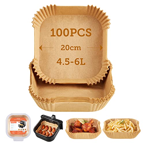 COSORI Papier de cuisson pour friteuse sans huile, 100 pièces de papier de cuisson carré jetable, Papier Sulfurisé pour friteuse à air 4.5-6 L, four, poêle à frire, micro-ondes