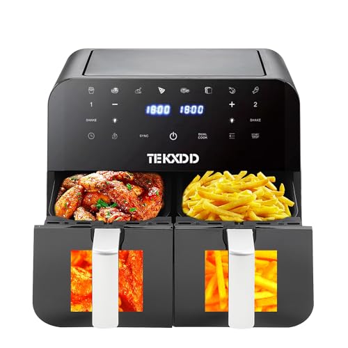 TEKXDD Air Fryer Sans Huile Dual Zone,9L Visible Friteuse a Air,Air Fryer Double Compartiment,2400w,Écran Tactile LED, Moins D'Huile et Économisé d'Énergie,Faible Bruit,Noir