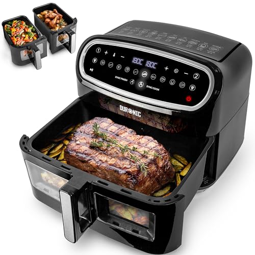 Duronic AF34 Set Friteuse à Air 2 en 1 avec 1 grand tiroir de 10 L et 2 petits tiroirs de 5 L inclus | 10 Programmes de Cuisson Préréglés | Sans huile | Fonctions Sync Cook Sync Finish